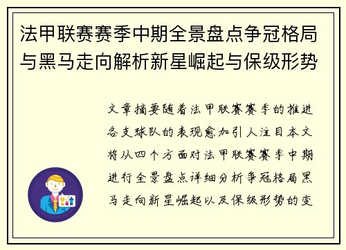 法甲联赛赛季中期全景盘点争冠格局与黑马走向解析新星崛起与保级形势观察
